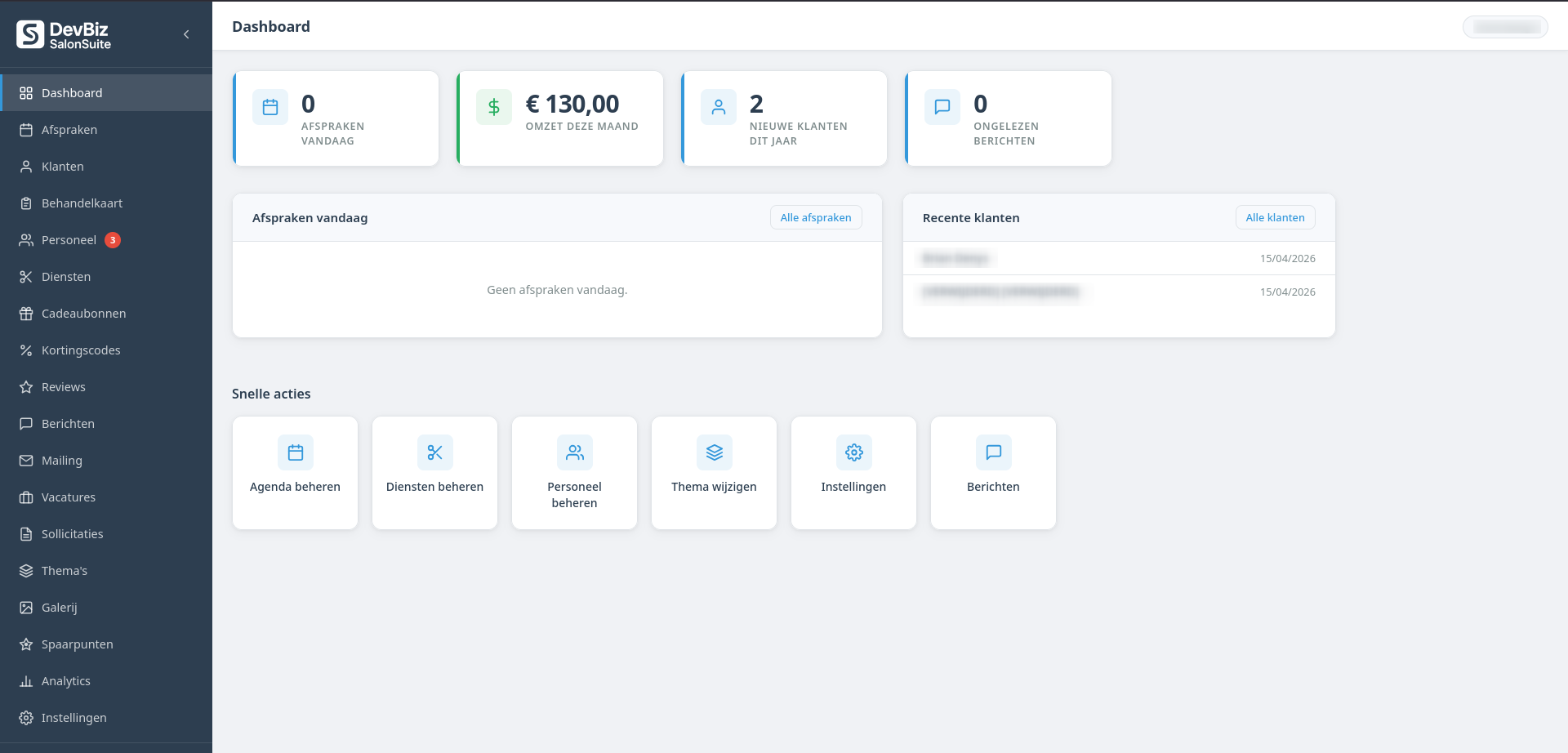 SalonSuite dashboard met statistieken en omzet